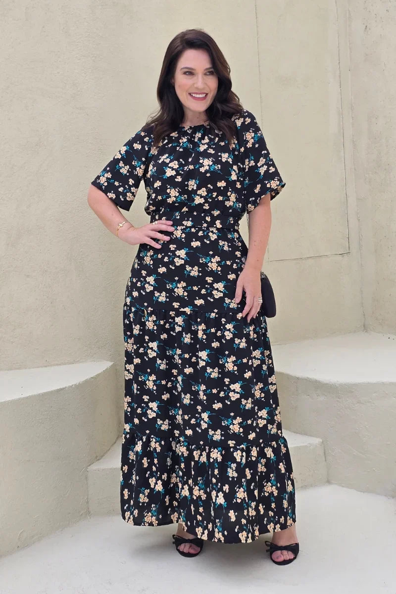 Vestido Elizabeth em Crepe Preto Floral