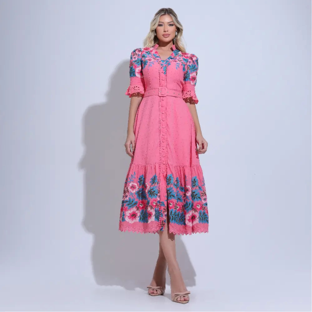 Vestido Feminino Rosa Midi Bordado Aurora - FL32