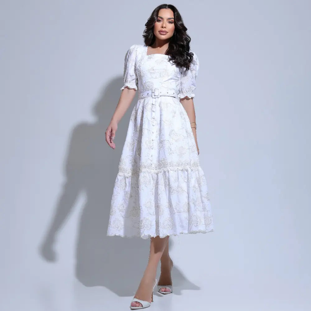 Vestido Feminino Algodão Branco Bordado com Lantejoulas Nicole - FL26