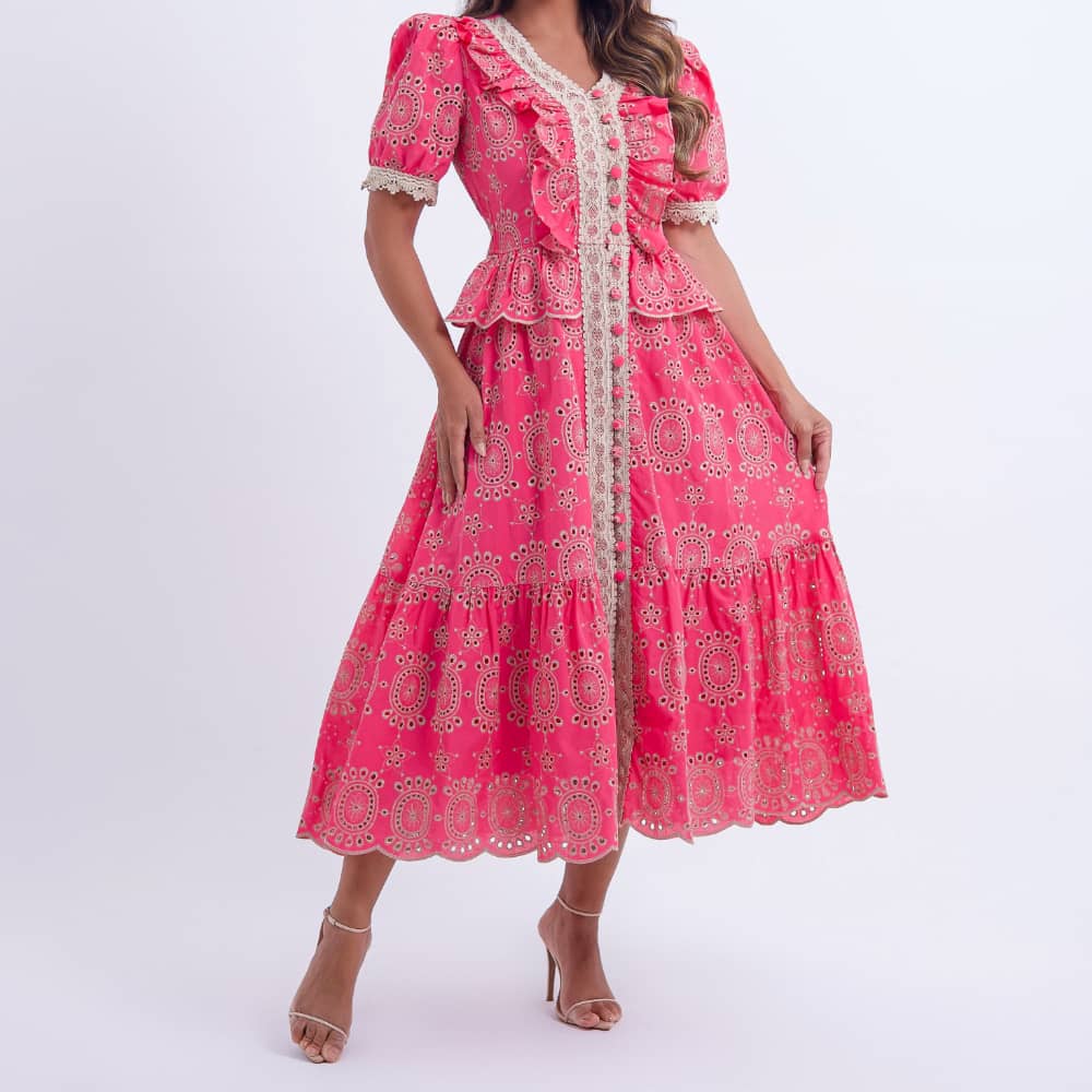 Vestido Feminino Midi Rosa com Renda Tiffany - FL02