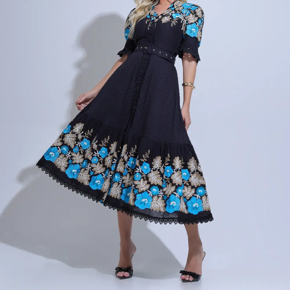 Vestido Feminino Midi Bordado Preto Aurora - FL34