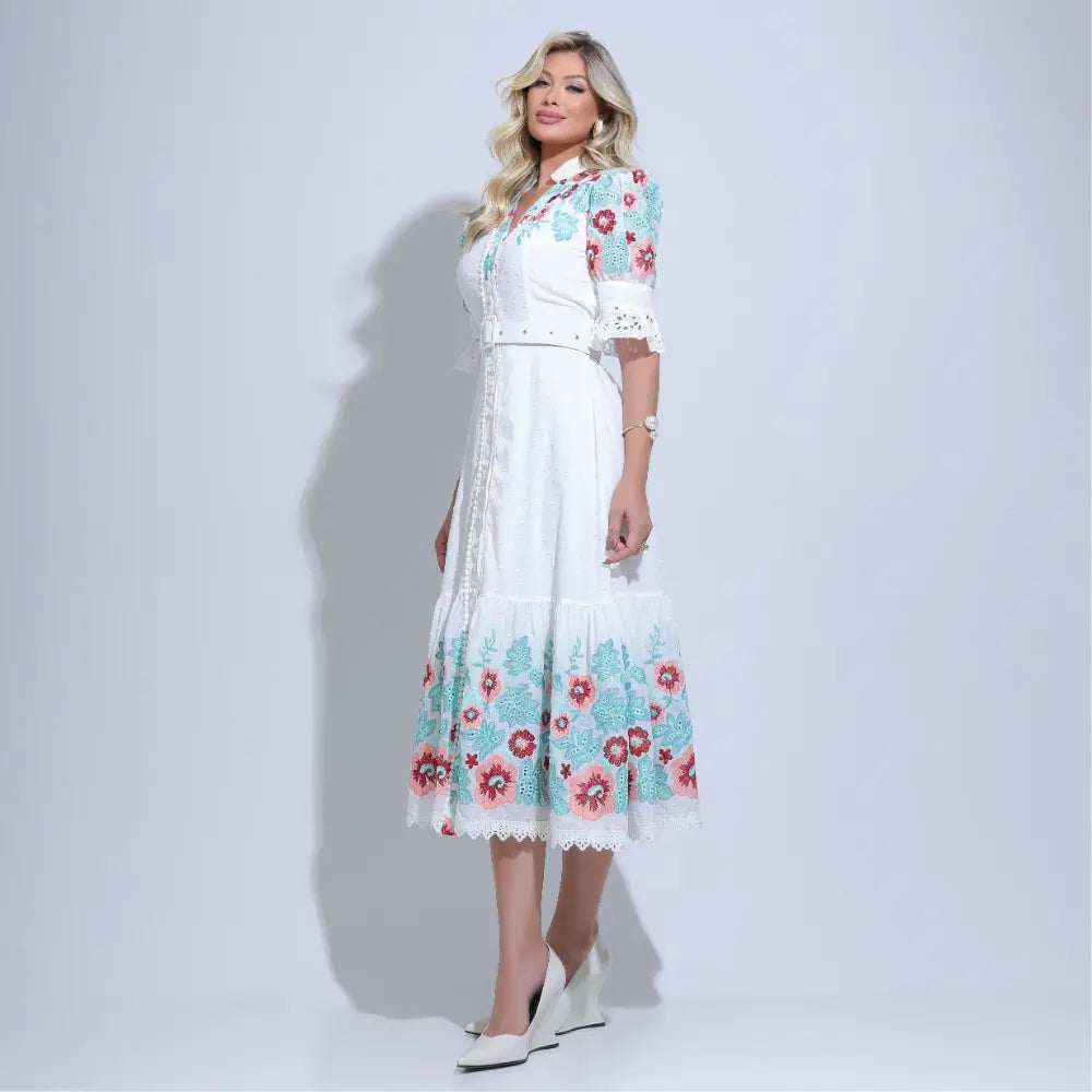 Vestido Feminino Midi Branco Bordado Aurora - FL21