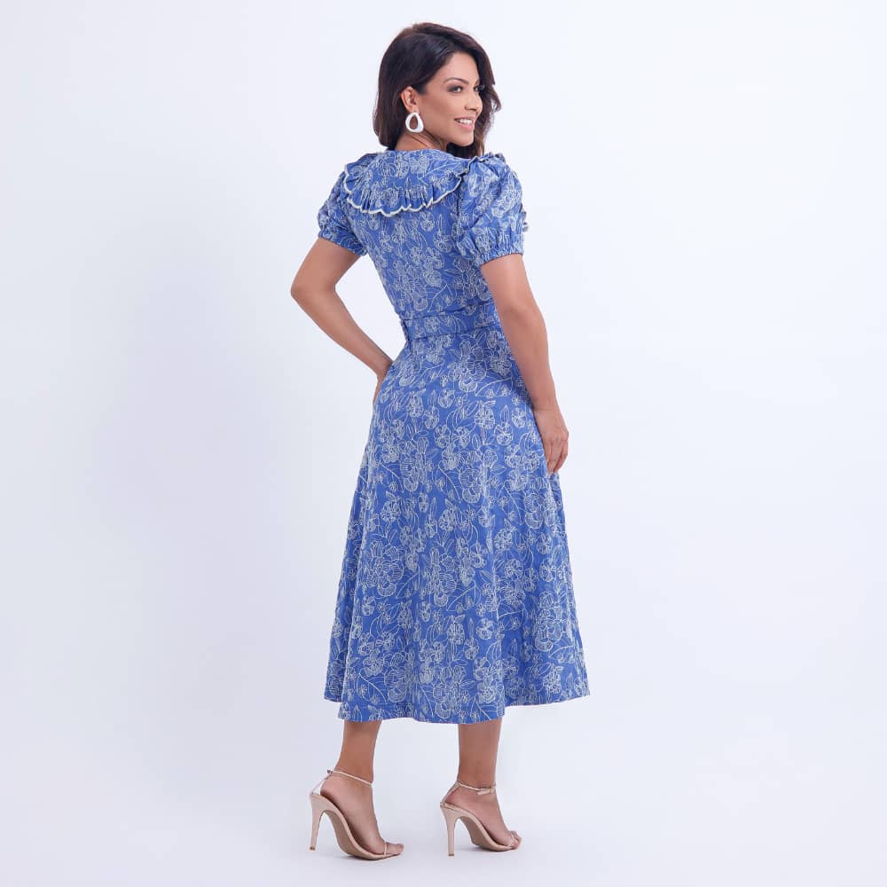 Vestido Feminino Midi Azul Floral Antonella- FL04