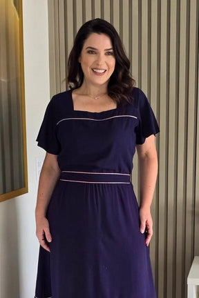 Vestido Estela Azul Bordado Rosa em Viscolinho