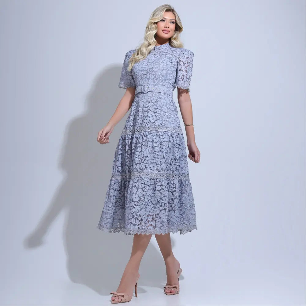 Vestido Feminino Midi Rendado Cinza  Michelinne - FL29