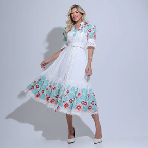 Vestido Feminino Midi Branco Bordado Aurora - FL21