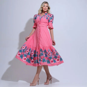 Vestido Feminino Rosa Midi Bordado Aurora - FL32