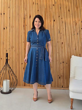 VESTIDO C/ CINTO E BARRA PESPONTADO