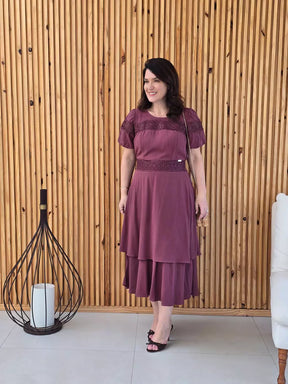 VESTIDO C/ GUIPIR E MANGA BALONÊ