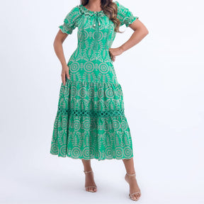 Vestido Feminino Midi Bordado Verde Gisele- FL05