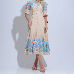 Vestido Feminino Midi Bege Bordado Aurora - FL30