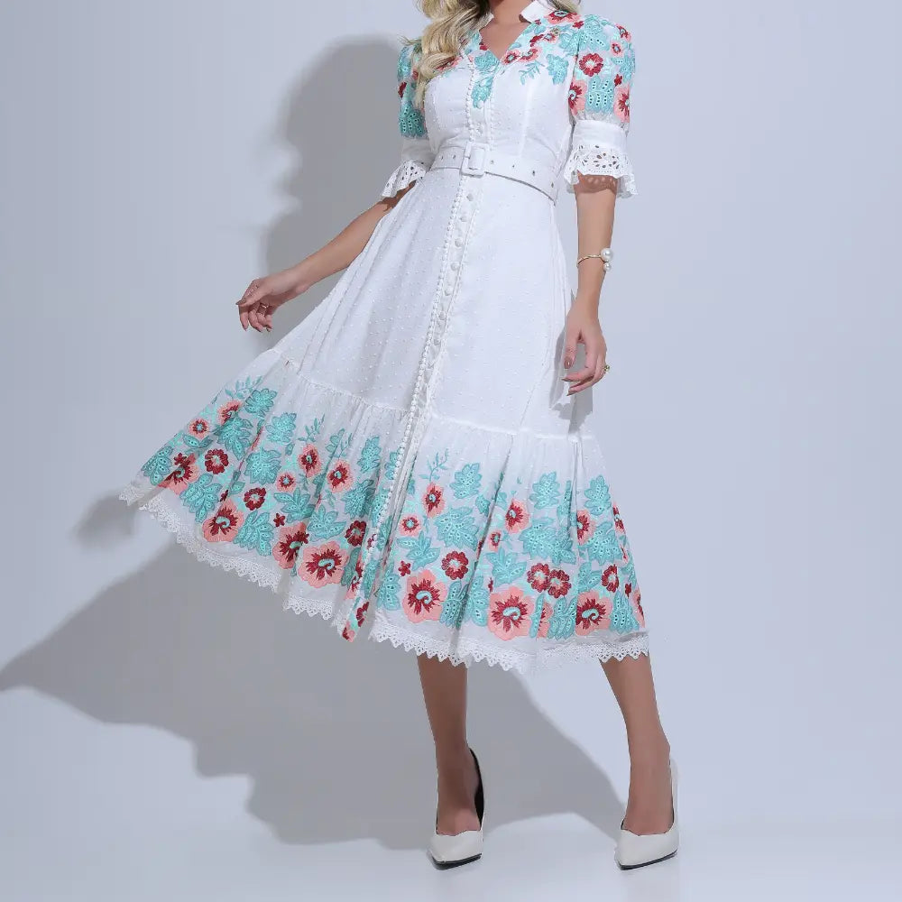 Vestido Feminino Midi Branco Bordado Aurora - FL21
