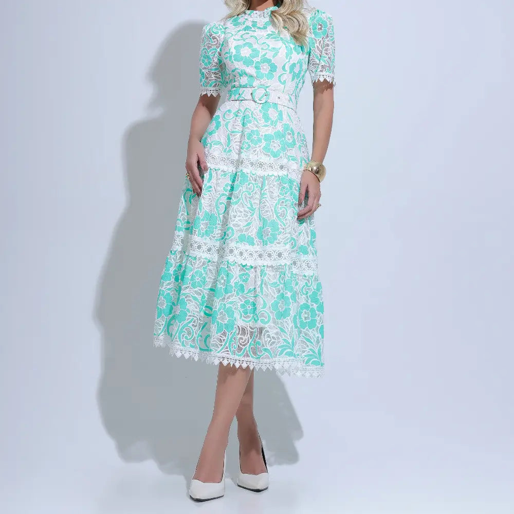 Vestido Feminino Midi Rendado Branco e Verde Michelinne - FL31