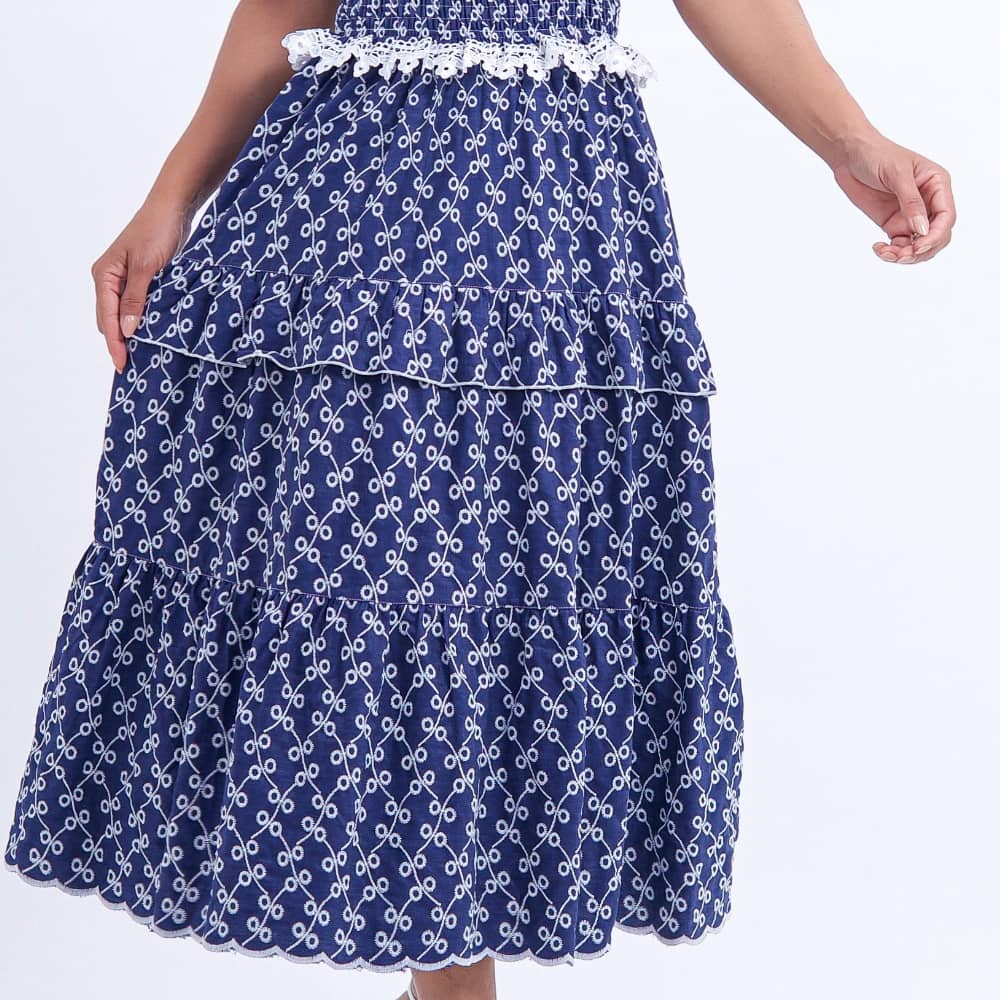 Vestido Feminino Barra Ondulada Azul-Marinho Bordado Natália - FL15