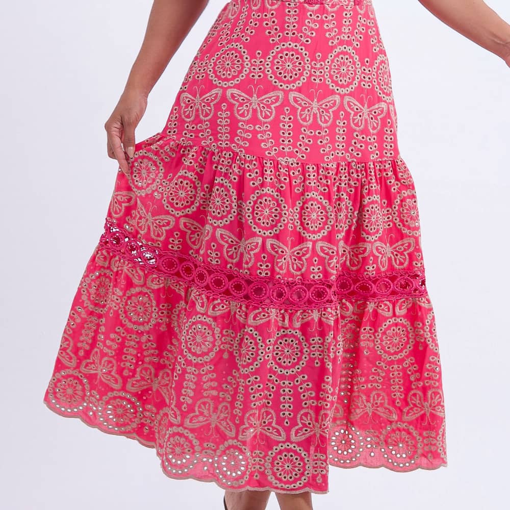 Vestido Feminino Midi Bordado Rosa Gisele - FL07