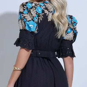 Vestido Feminino Midi Bordado Preto Aurora - FL34