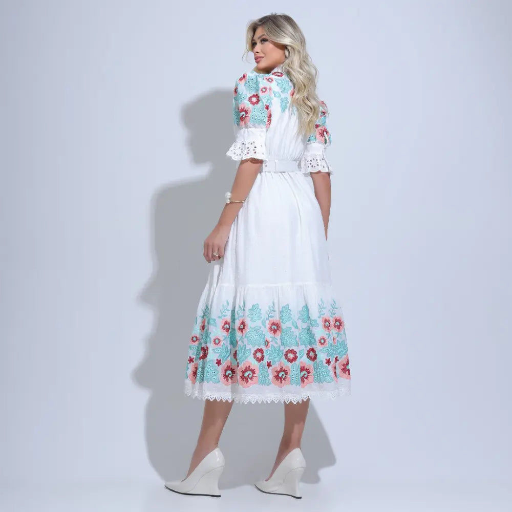 Vestido Feminino Midi Branco Bordado Aurora - FL21