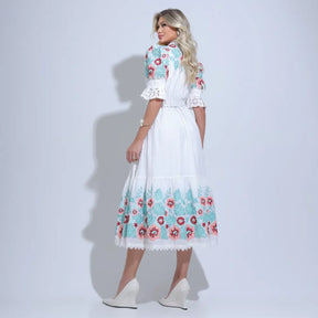 Vestido Feminino Midi Branco Bordado Aurora - FL21