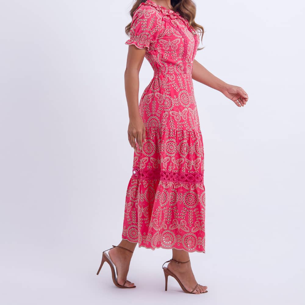 Vestido Feminino Midi Bordado Rosa Gisele - FL07