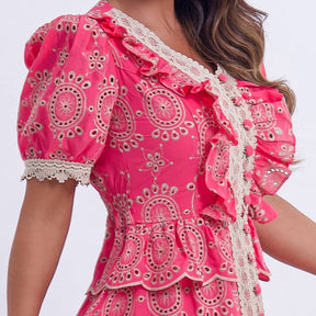 Vestido Feminino Midi Rosa com Renda Tiffany - FL02