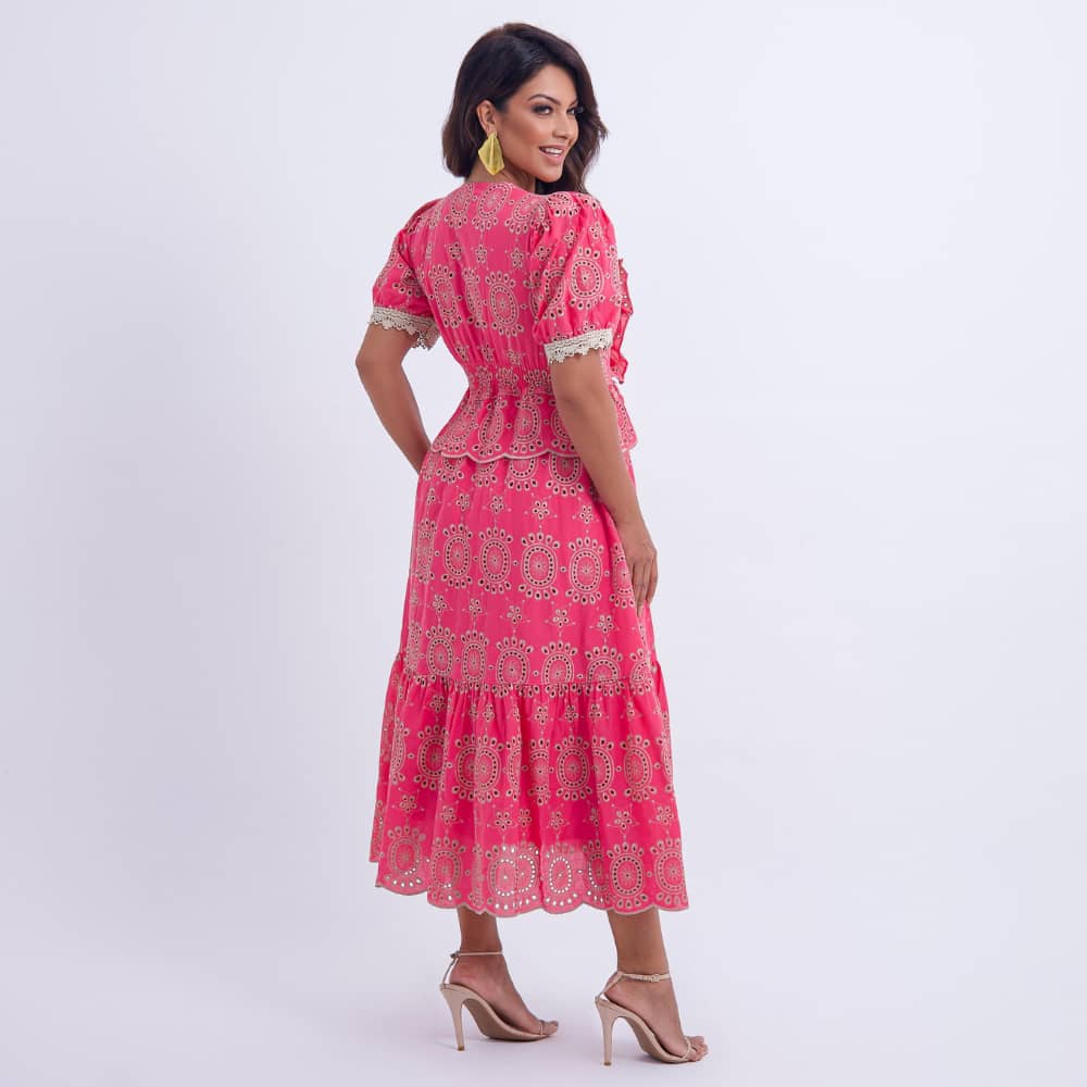 Vestido Feminino Midi Rosa com Renda Tiffany - FL02