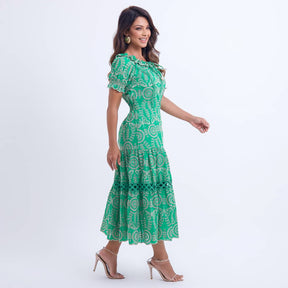 Vestido Feminino Midi Bordado Verde Gisele- FL05