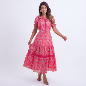 Vestido Feminino Midi Bordado Rosa Gisele - FL07