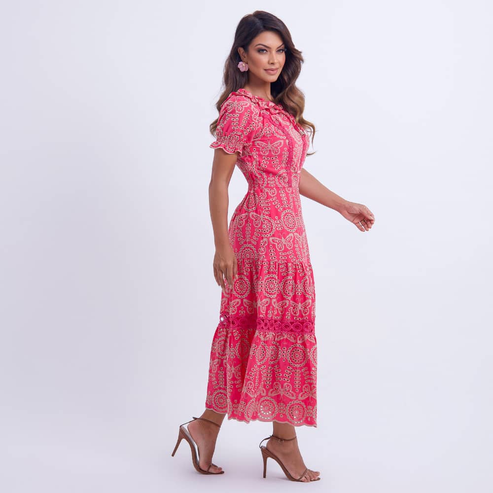 Vestido Feminino Midi Bordado Rosa Gisele - FL07
