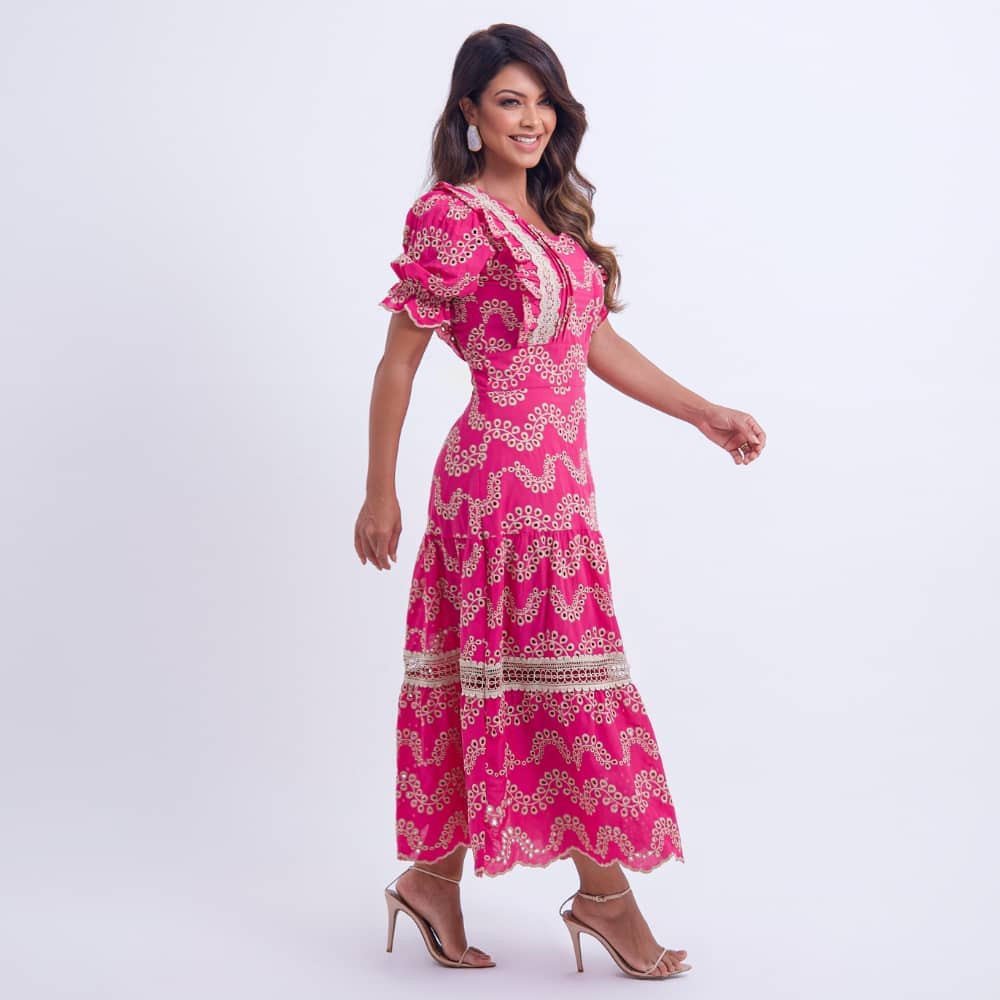 Vestido Feminino Bordado Pink Rosana - FL09