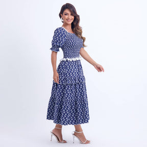 Vestido Feminino Barra Ondulada Azul-Marinho Bordado Natália - FL15