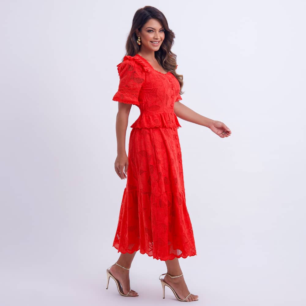 Vestido Feminino Midi Renda Vermelha  Emily - FL16