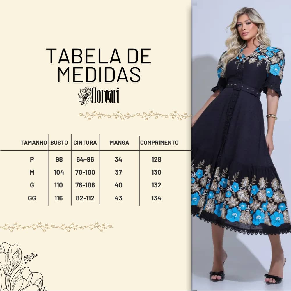 Vestido Feminino Midi Bordado Preto Aurora - FL34