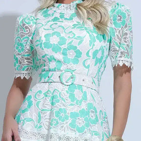 Vestido Feminino Midi Rendado Branco e Verde Michelinne - FL31